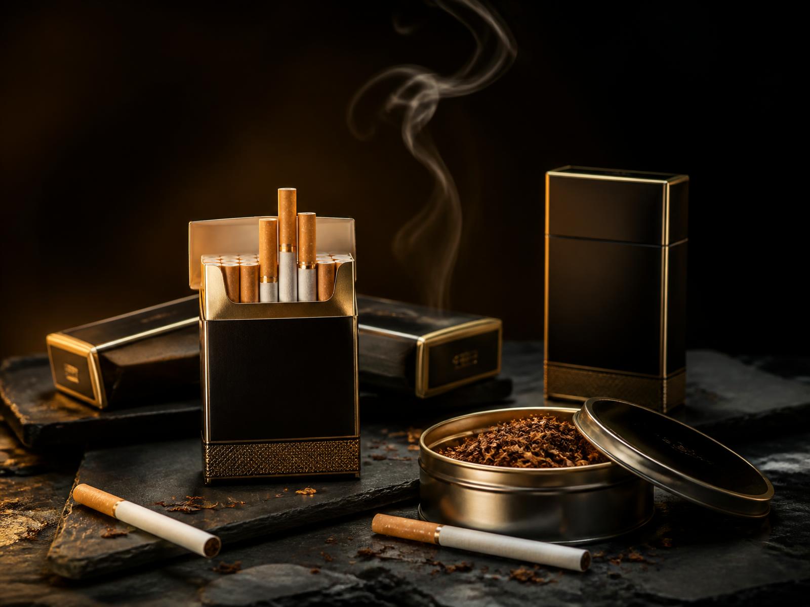 Premium cigarette cartons and rolling tobacco in warm amber light